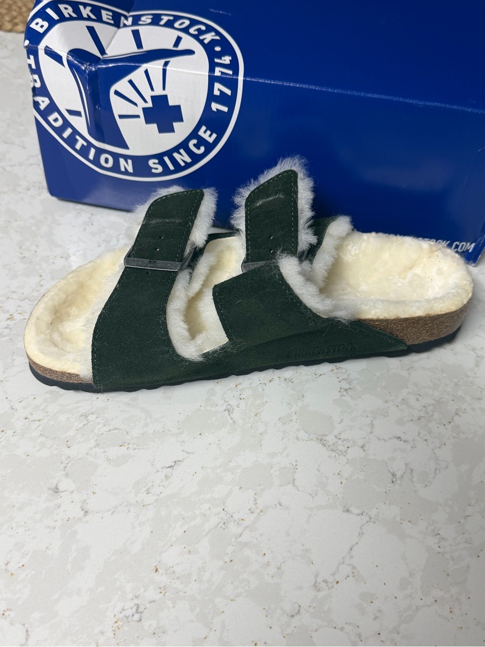 Birkenstock Shearling-Lined Suede Two-Strap Slide in Dark Green & Cream size 38